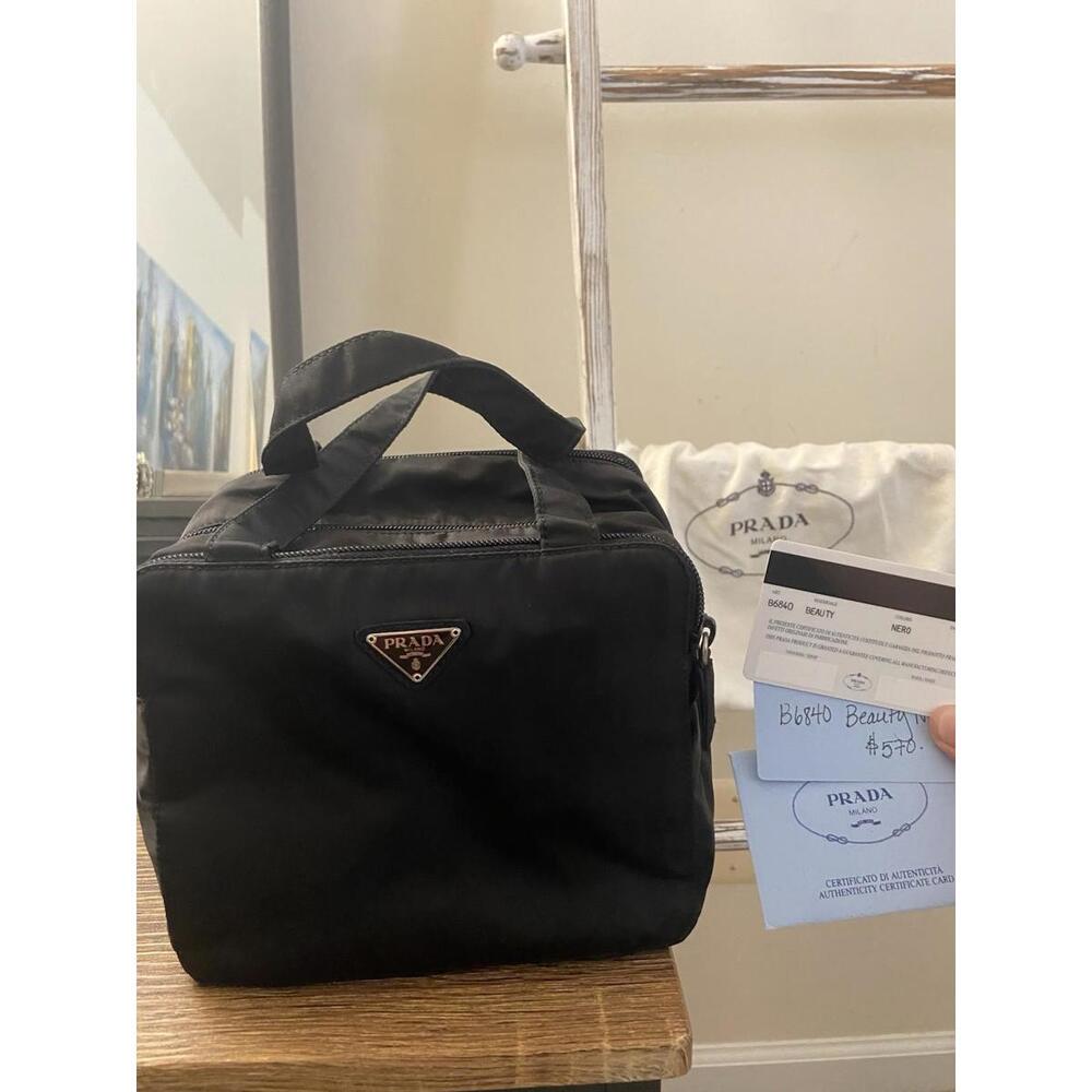Prada Tessuto Boxy Black Nylon Vanity Hand Bag, W Card + Bag